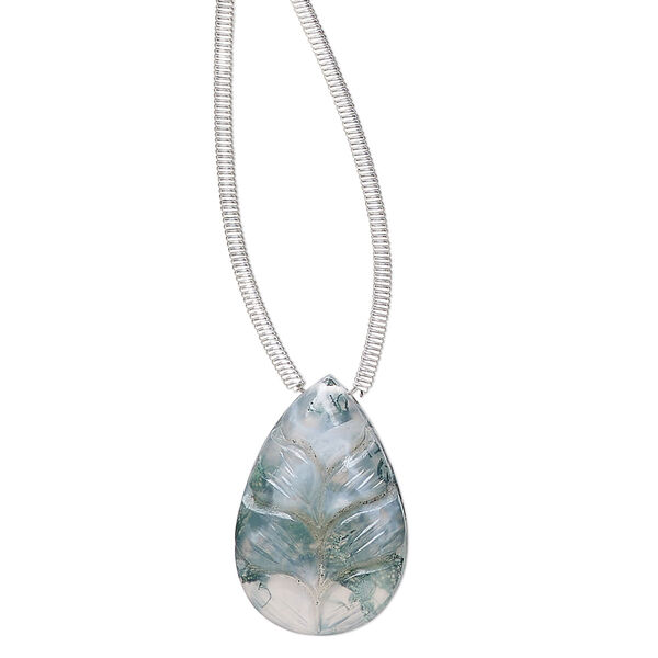 Bead, moss agate (natural), pkg/1, 18x12mm hand-cut top-drilled single-sided carved leaf, B grade. image number 0