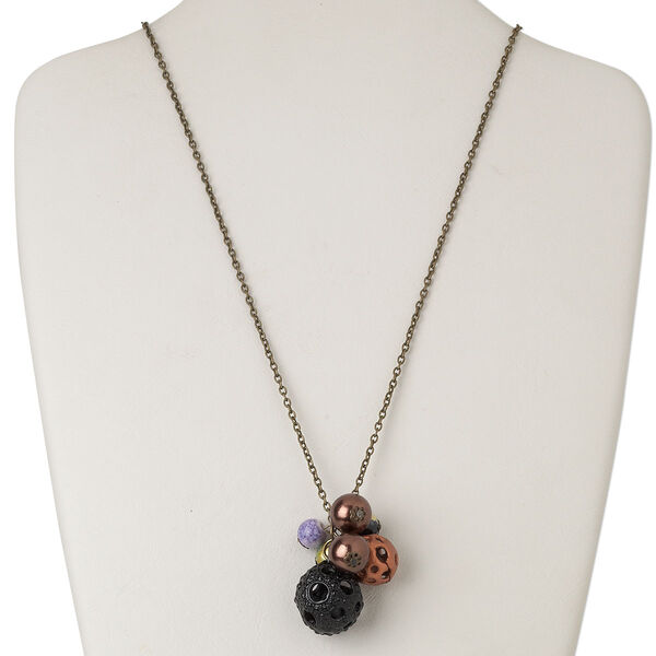Necklace, acrylic with antique brass-finished steel and "pewter" (zinc-based alloy), multicolored, 10-22mm round, 32 inches with lobster claw clasp. Sold individually. image number 0