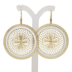 Earring, gold-finished brass, silver with glitter, 2-1/2 inches with scratched round and punched clover with cutout design and fishhook ear wire. Sold per pair.