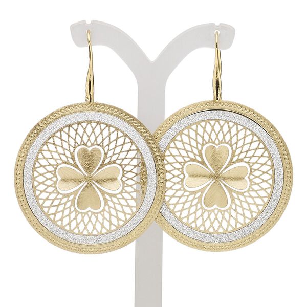 Earring, gold-finished brass, silver with glitter, 2-1/2 inches with scratched round and punched clover with cutout design and fishhook ear wire. Sold per pair. image number 0