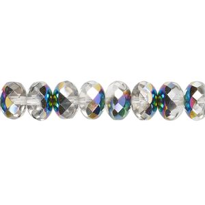 Bead, Czech fire-polished glass, translucent clear vitrail, 9x5mm faceted rondelle. Sold per 15-1/2" to 16" strand.