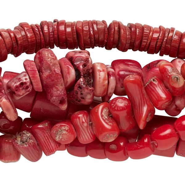 Bead mix, bamboo coral (dyed), red, 8x7mm-18x15mm mixed shapes, Mohs hardness 3-1/2 to 4. Sold per pkg of (5) 15-inch strands. image number 0