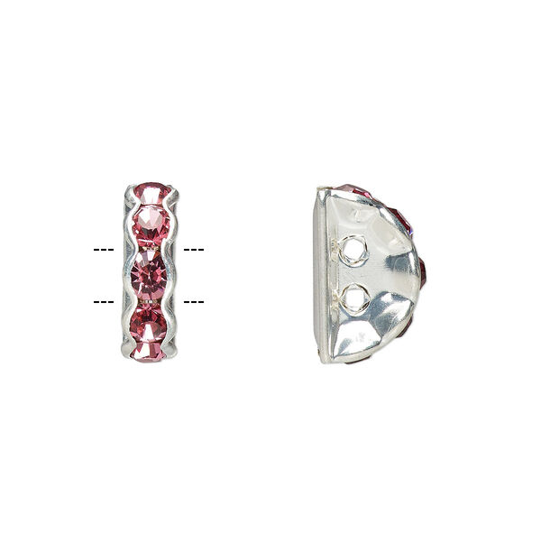 Spacer, glass rhinestone and silver-plated brass, rose, 12x4mm 2-strand half-round bridge, fits up to 3.5mm bead. Sold per pkg of 10. image number 0
