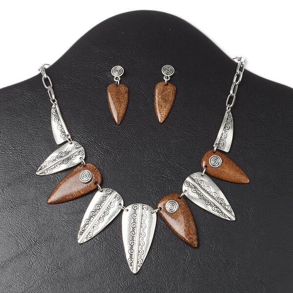 Necklace and earring set, resin and antique silver-plated "pewter" (zinc-based alloy), brown, 30x11mm-40x16mm graduated arrowhead with spiral design, 16 inches with 3-inch extender chain and lobster claw clasp, 1-1/2 inch earrings with post. Sold per set. image number 0