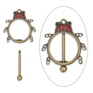 Focal, bead pin, glass rhinestone / antique brass-finished brass / "pewter" (zinc-based alloy), clear / red / black, 43x38mm single-sided ladybug with twist-off top, 23.5mm beadable length. Sold individually.