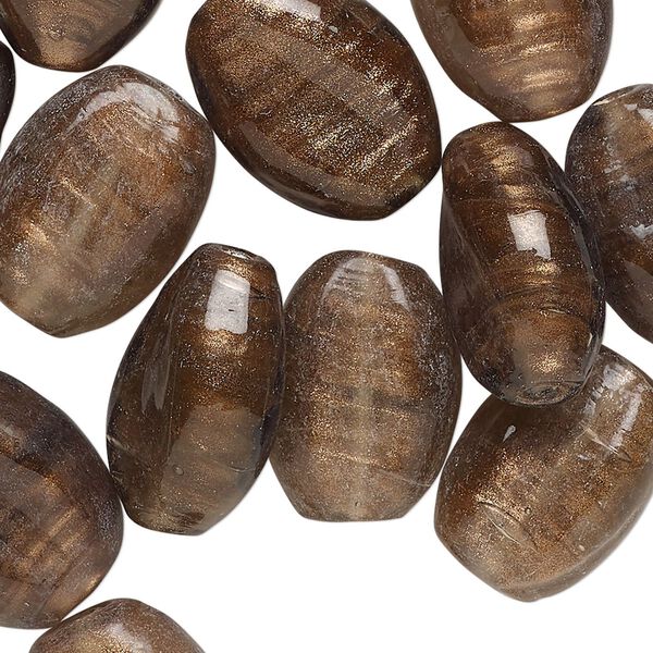 Bead, lampworked glass, translucent brown and dark brown, 18x13mm-19x15mm flat oval with copper-colored glitter. Sold per pkg of 25. image number 0