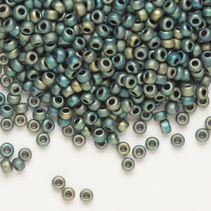 Seed bead, Miyuki, glass, 1pkg10g, #8 rocaille, opaque matte metallic iris green patina (RR-2067)