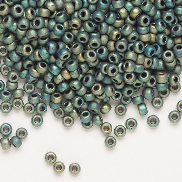 Seed bead, Miyuki, glass, 1pkg10g, #8 rocaille, opaque matte metallic iris green patina (RR-2067) image number 0