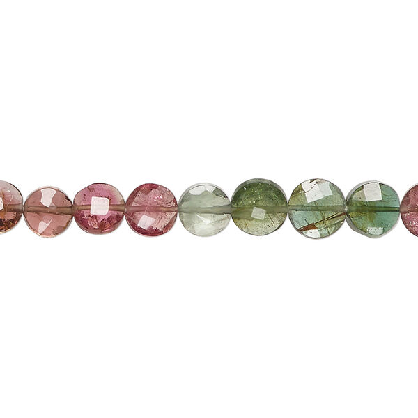 Multi-tourmaline 1pkg1, hand-cut faceted puffed flat round bead, 15 inch 5-6mm image number 1