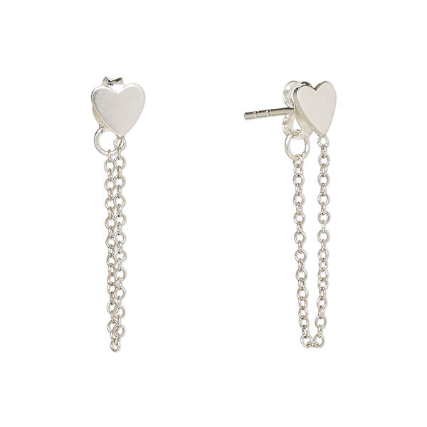 Earring, sterling silver, 21mm with 6x5mm heart with chain and post, 21 gauge. Sold per pair. image number 0