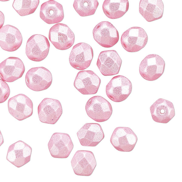 Bead, Czech fire-polished dipped décor glass, opaque pearlescent light pink, 6mm faceted round. Sold per 15-1/2" to 16" strand. image number 0