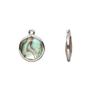 Drop, paua shell and imitation rhodium-finished brass (assembled), 12.5-13.5mm double-sided round. Sold per pkg of 4.