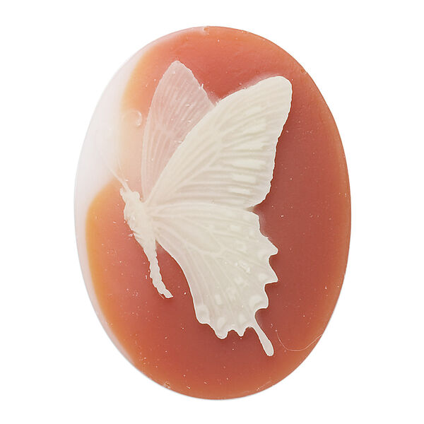 Cabochon, acrylic, peach and white, 40x30mm left-facing non-calibrated oval cameo with butterfly. Sold individually. image number 0