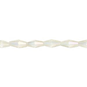 Bead, glass, crystal AB, 8.5x4mm long bicone. Sold per 15-1/2 to 16-inch strand.