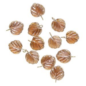 Drop, glass and brass, translucent topaz luster, 16x15.5mm double-sided textured leaf. Sold per pkg of 12.