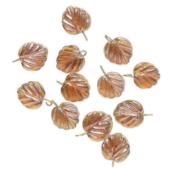Drop, glass and brass, translucent topaz luster, 16x15.5mm double-sided textured leaf. Sold per pkg of 12. image number 0