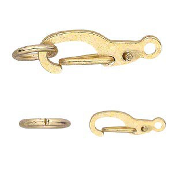 Clasp, self-closing hook, gold-finished brass, 11x5mm with 5mm jump ring. Sold per pkg of 12. image number 0
