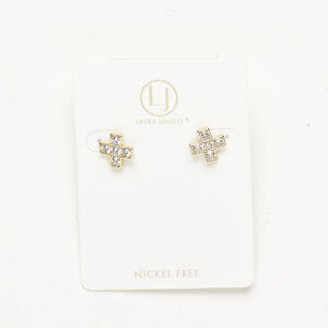 Earring 1pkg2, glass and gold-finished stainless steel, clear, 10mm cross with comfort clutch, 1 pair.