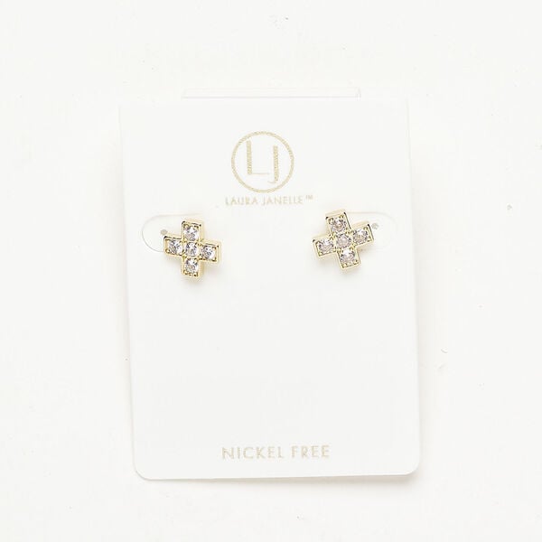 Earring 1pkg2, glass and gold-finished stainless steel, clear, 10mm cross with comfort clutch, 1 pair. image number 0