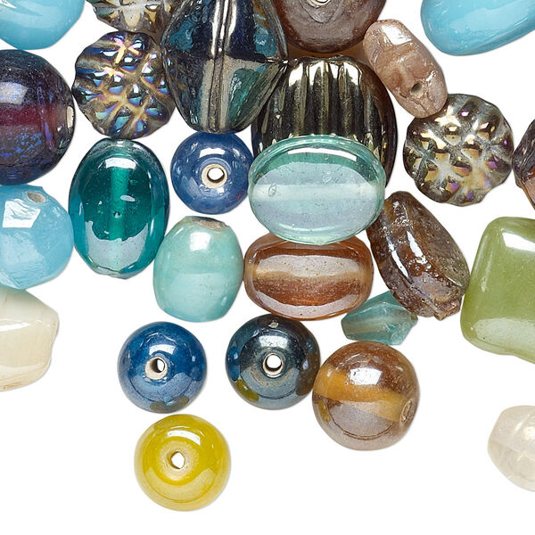 Bead mix, glass, mixed colors, 4x3mm-42x12mm mixed shape. Sold per 1/2 pound pkg, approximately 100-450 beads. image number 0
