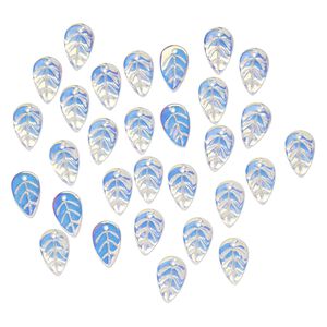 Drop, pressed glass, translucent clear AB, 18 x 11mm pressed leaf, top-drilled. Sold per pkg of 30.