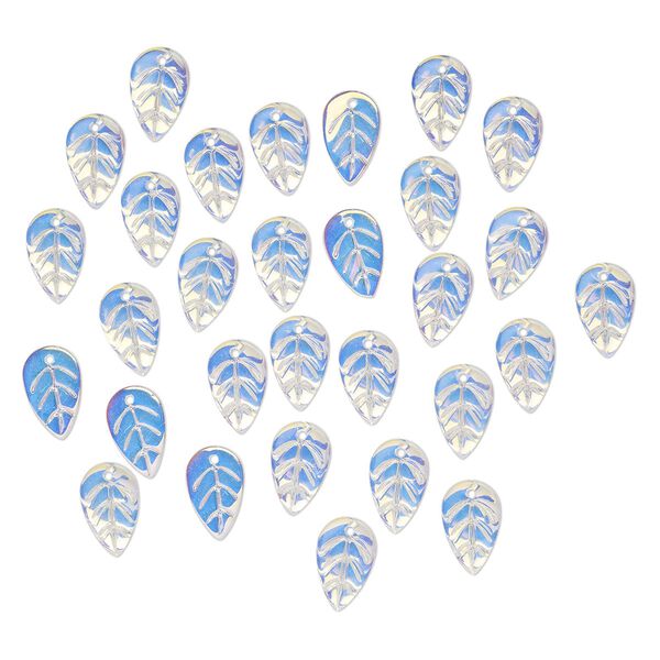 Drop, pressed glass, translucent clear AB, 18 x 11mm pressed leaf, top-drilled. Sold per pkg of 30. image number 0