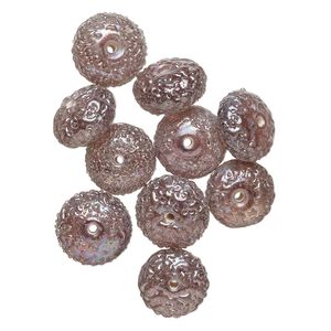 Bead, lampworked glass, translucent purple AB, 15x8mm textured rondelle. Sold per pkg of 10.