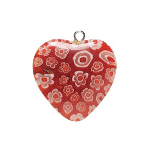 Drop, millefiori glass and silver-finished steel 1pkg1, translucent red and white, 24-26mm puffed heart.
