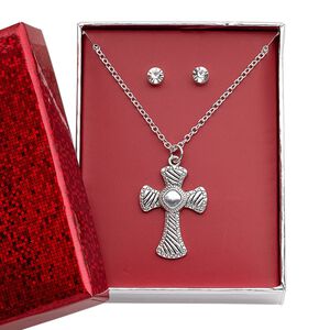 Necklace and earring set, glass rhinestone / silver-finished brass / steel / antique silver-finished "pewter" (zinc-based alloy), clear, 29x21mm fancy cross, 15" to 16" necklace with 3-inch extender chain and lobster claw clasp, 5mm round with post. Sold per set.