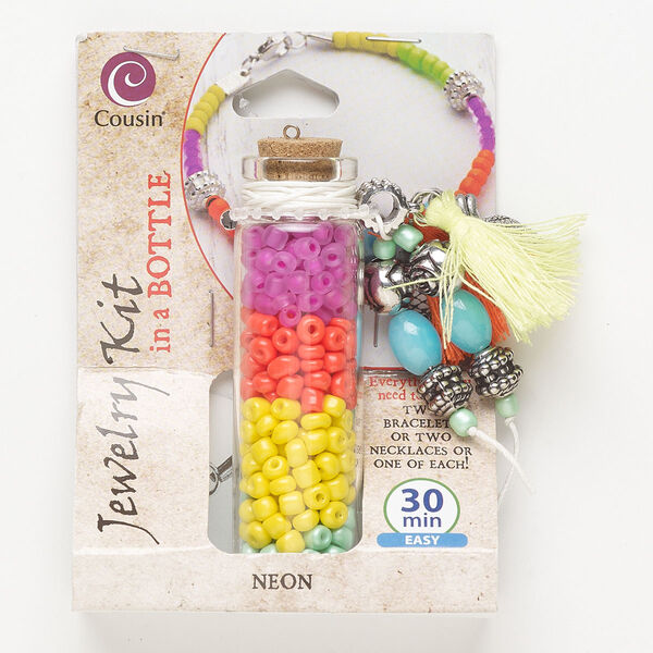 Necklace or bracelet kit, glass / steel / antique silver-finished "pewter" (zinc-based alloy) / cork / cotton, mixed neon colors. Sold per set. image number 0
