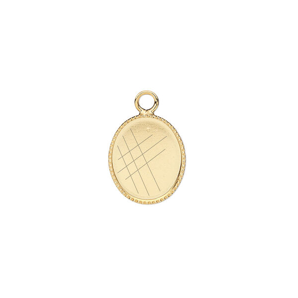 Drop, gold-plated brass, 13x11mm oval with beaded edge and 12x10mm oval bezel setting. Sold per pkg of 12. image number 0