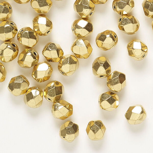 Bead Czech fire-polished glass 50pk 6mm faceted round, opaque gold image number 0