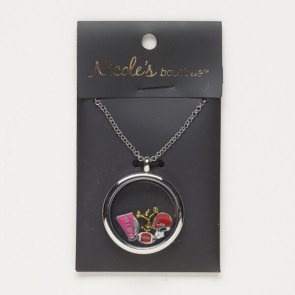 Necklace, glass / enamel / silver- / antique gold-finished "pewter" (zinc-based alloy) / steel, pink / red / blue, 30mm round with mixed designs, 24 inches with lobster claw clasp. Sold individually. image number 0