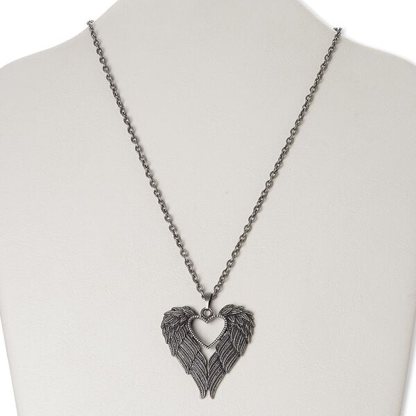 Necklace, antique silver-finished "pewter" (zinc-based alloy) / brass / steel, 45x44mm winged heart, 18 inches with 3-inch extender chain and lobster claw clasp. Sold individually. image number 0
