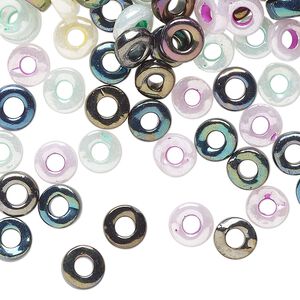 Bead mix, pressed glass, opaque mixed colors, 6x3mm-7x4mm ring. Sold per 2-ounce pkg, approximately 360 beads.