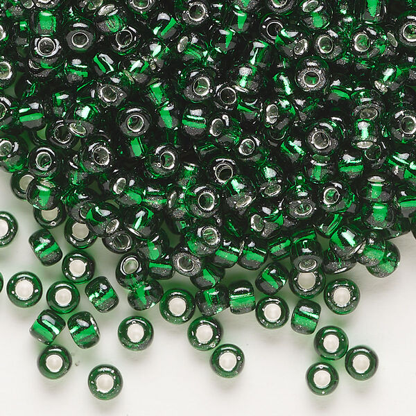 Seed bead, Dyna-Mites™, glass, transparent silver-lined emerald green, #6 round. Sold per 40-gram pkg. image number 0
