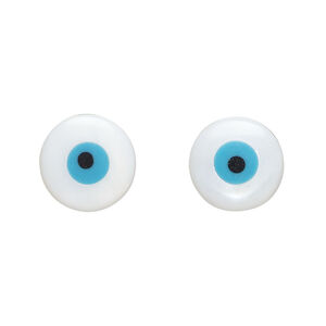 Mother-of-pearl shell 1pkg2, round cab blue / black "evil eye design" 13mm