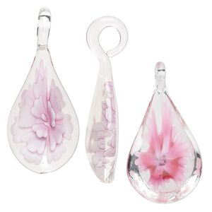 Focal, glass, clear with pink flower, 53x25mm teardrop. Sold individually.