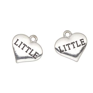 Charm, antique silver-finished enamel "pewter" (zinc-based alloy), black, 16x13mm heart with "Little". Sold per pkg of 2.