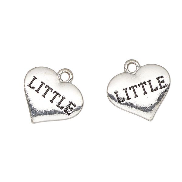 Charm, antique silver-finished enamel "pewter" (zinc-based alloy), black, 16x13mm heart with "Little". Sold per pkg of 2. image number 0