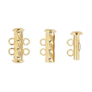 Clasp slide lock 1pkg4 gold-plated, 16x6mm corrugated round tube, brass 2-strand