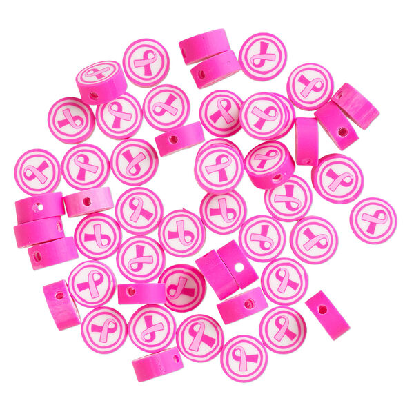 Bead 1pkg50, polymer clay, dark pink / light pink / white, 9mm flat round awareness ribbon image number 1