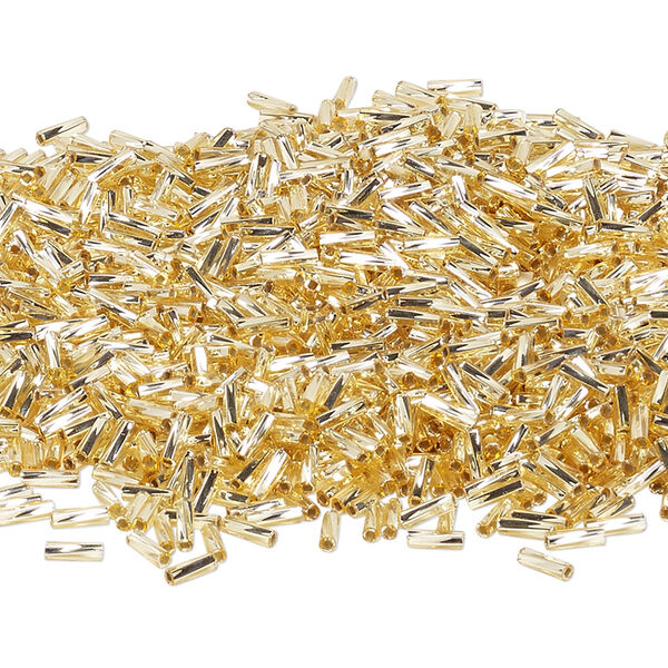 Bead, Miyuki, bugle bead, glass, pkg/50 g, 6x2mm center-drilled twisted, silver-lined translucent gold, (TW-3). image number 0