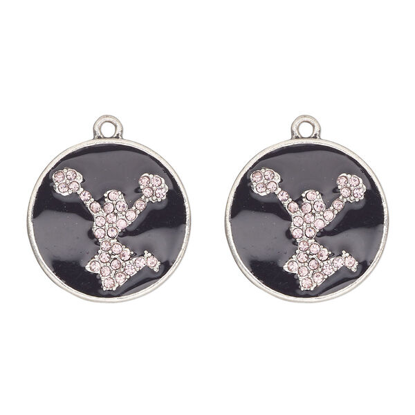 Charm, antique silver-finished "pewter" (zinc-based alloy) / enamel / glass, black and pink, 24mm single-sided cheerleader round. Sold per pkg of 2. image number 0