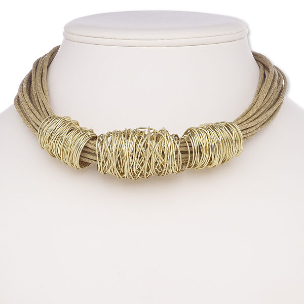Necklace, multi-strand, waxed cotton cord / gold-coated plastic / gold-finished steel / brass, brown, wire wrap, 16 inches with 2-inch extender chain and lobster claw clasp. Sold individually. image number 0