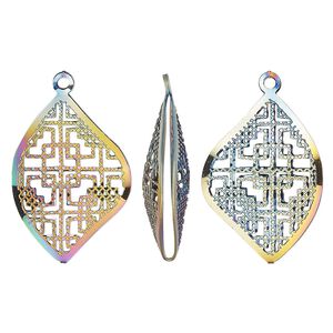 Drop, electro-coated stainless steel, rainbow, 22x16mm double-sided domed freeform with textured cutout geometric design. Sold per pkg of 6.