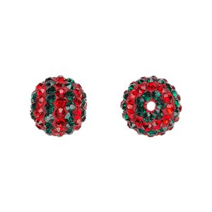 Bead, Egyptian glass rhinestone / epoxy / resin, red and dark green, 12mm round with pavé striped design. Sold individually.