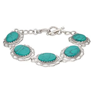 Magnesite / brass / steel 1pkg1, silver-plated oval bracelet / 6.5-7 inch / toggle clasp / 23mm