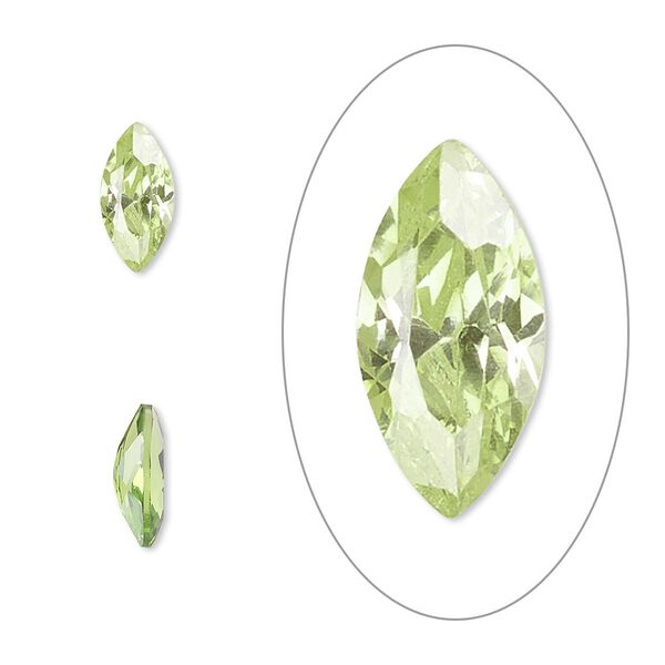 Gem, cubic zirconia, peridot green, 10x5mm faceted marquise, Mohs hardness 8-1/2. Sold individually. image number 0