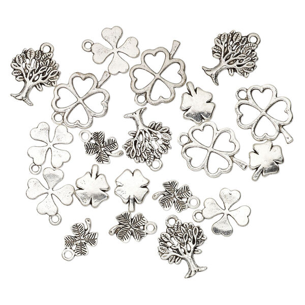 Bead and charm, antique silver-plated "pewter" (zinc-based alloy), 12x10mm-22x17mm single- and double-sided assorted clover and tree. Sold per pkg of 20. image number 0
